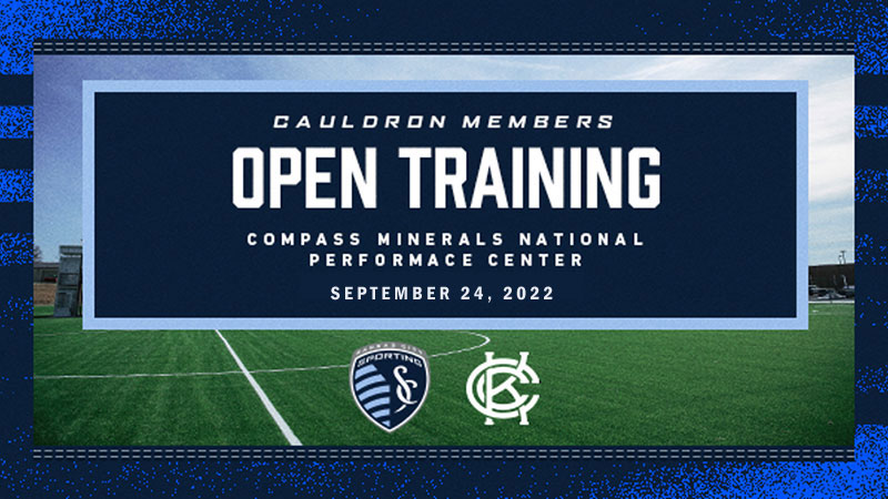Cauldron Members Open Training graphic with Sporting KC and KCC logos