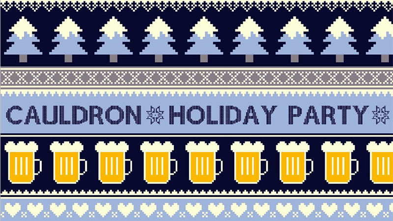 Cauldron Holiday Party looking like a knitted sweater with Sporting Blue Christmas Trees and mugs of beer.