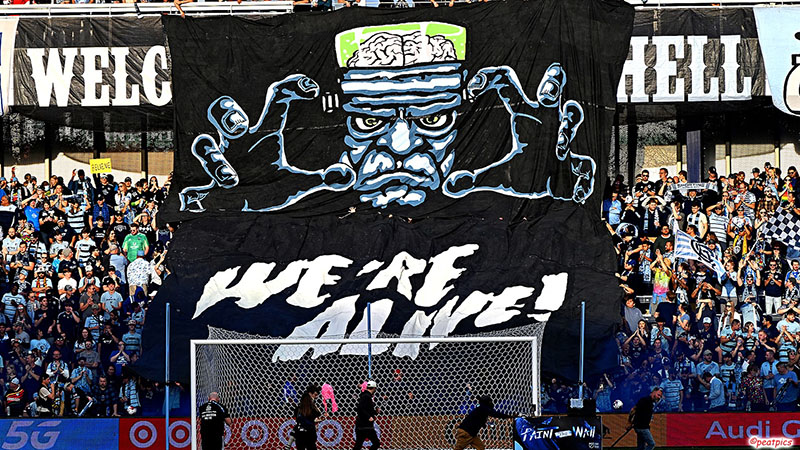 Photo of the We're Alive Frankenstein's monster TIFO from the 2023 playoffs.