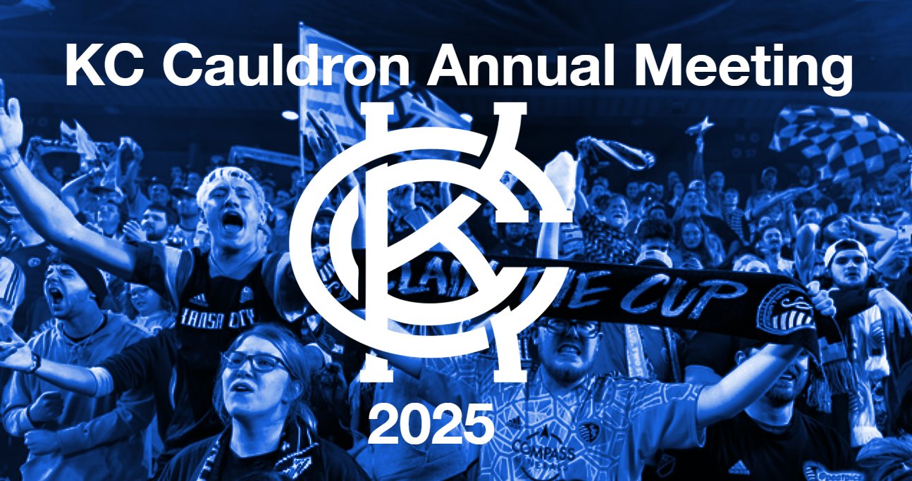 2025 Cauldron Annual Meeting with KCC Logo over a blue tone photo of Cauldron members at a Sporting match