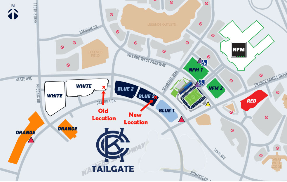 Map of Children's Mercy Park Parking Lots with Cauldron Tailgate location marked by a red X.